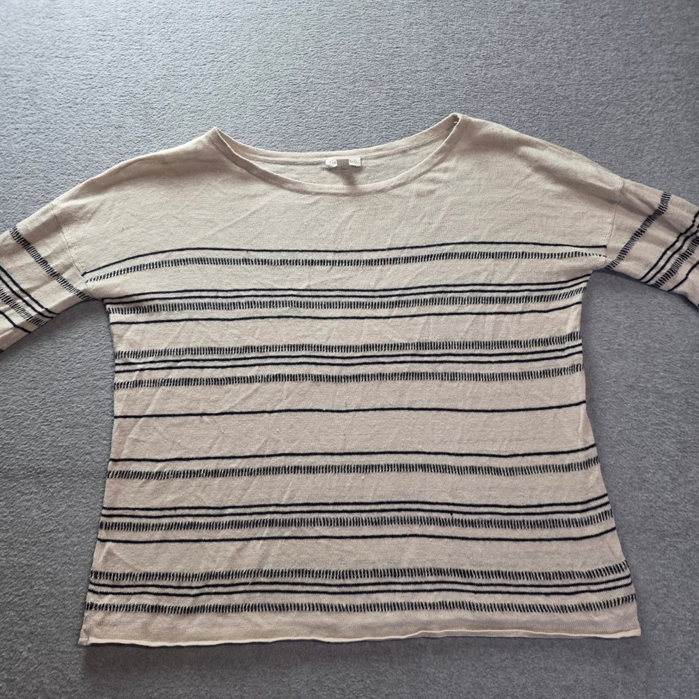 Garnet Hill Knit Sweater Long Sleeve Womens Small Beige Navy Striped Lightweight
